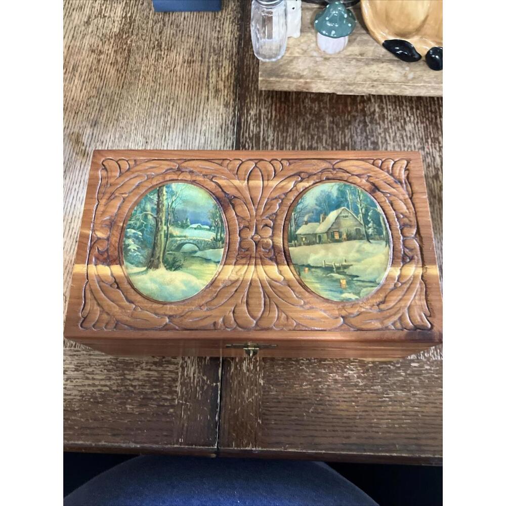 Vintage Jewelry Box Etched Hand Made Carved Wood Dove Tail Mirror 10 inch long